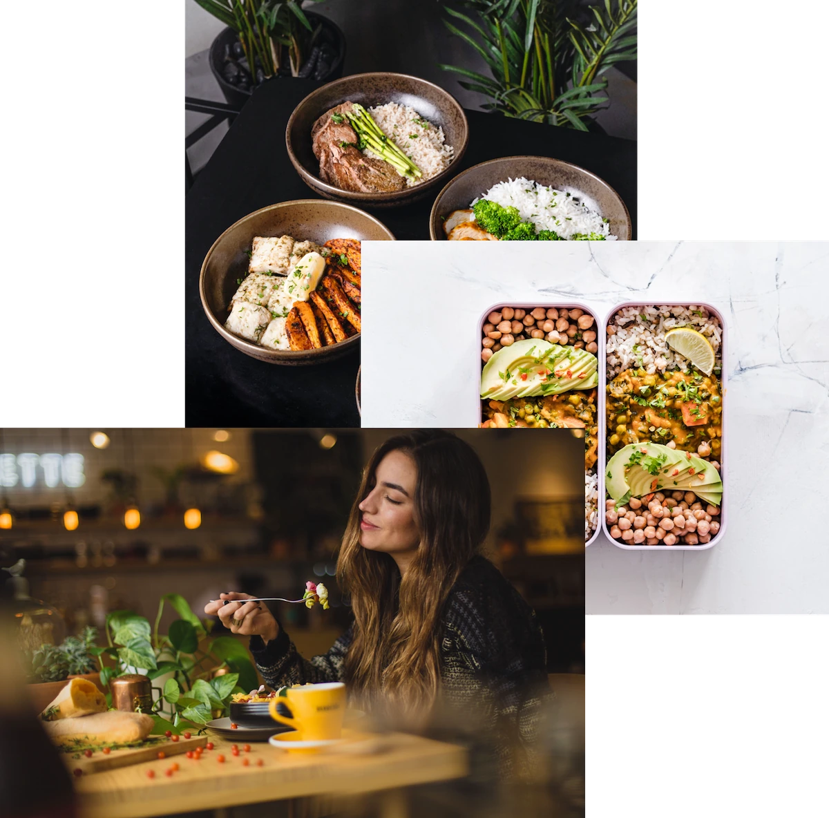 Hero image woman, meals in storage container, and food bowls on a table